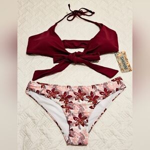 NWT SHEKINI Womens Swimsuit Halter Bandage Bikini Floral Printed Burgundy Size M